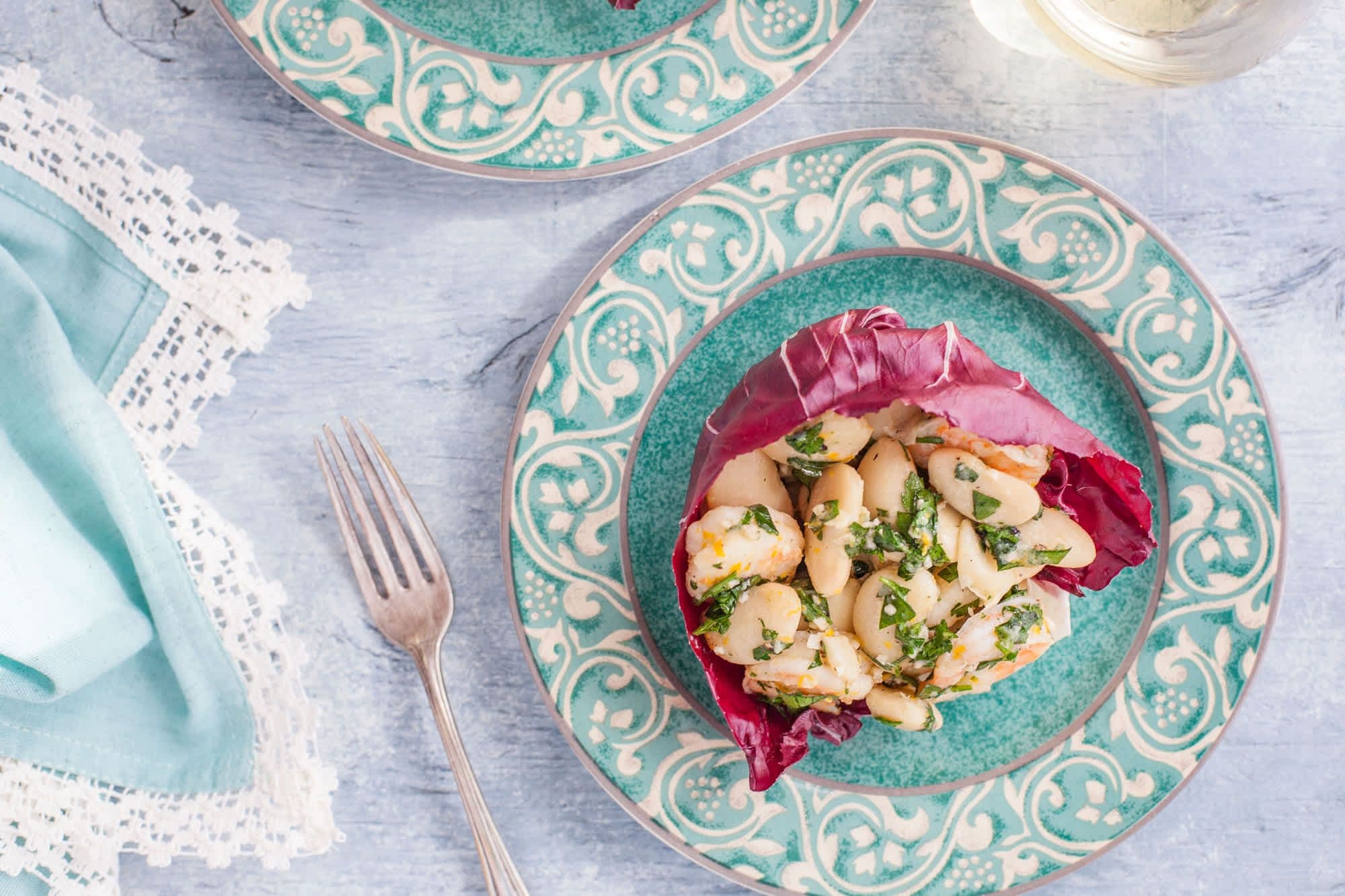 Fava Bean and Grilled Shrimp Salad in Radicchio Cups